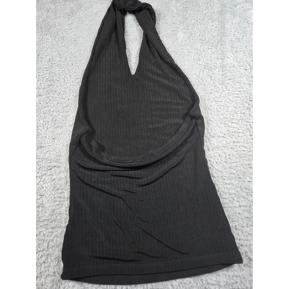 Backless Black Ribbed Halter Top Deep V Neck Open Back Minimalist Sleeveless S - Picture 2 of 5